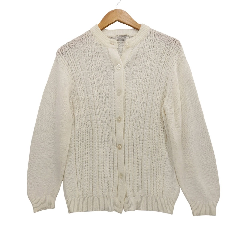 Vintage Pointelle‎ Cable Knit Cardigan Sweater Women L Cream